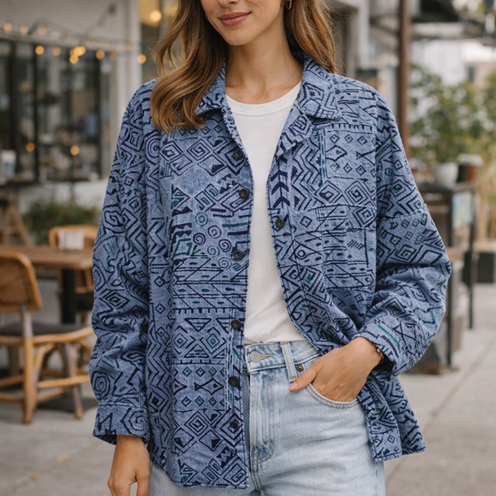 CENTRAL FALLS Blue Cotton Geometric Fish Print Vintage Button Down Shacket M‎